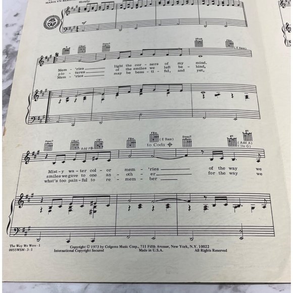 The Way We Were Barbra Streisand Vintage Piano Sheet Music 1973 Marvin Hamlisch - Picture 3 of 4